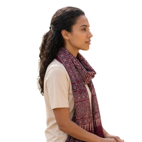 Maroon Ajrakh cotton stole ISAK16-14D worn by model — Kutch hand block print ethnic scarf — Indiascarves