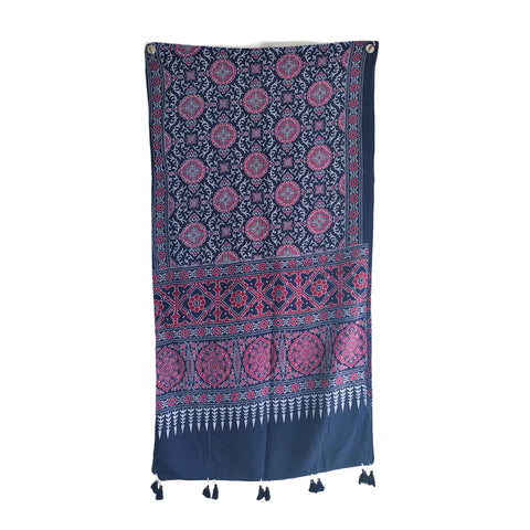 Ajrakh Printed Cotton Stole for Women Ethnic Scarf with Tassels | Traditional Indian Dupatta
