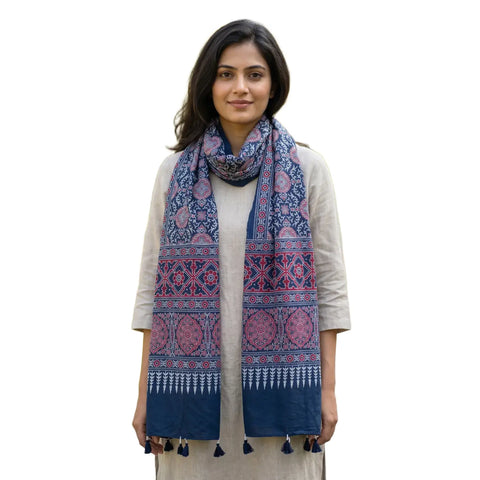 Ajrakh Printed Cotton Stole for Women Ethnic Scarf with Tassels | Traditional Indian Dupatta