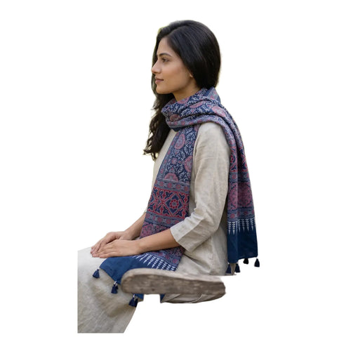 Ajrakh Printed Cotton Stole for Women Ethnic Scarf with Tassels | Traditional Indian Dupatta
