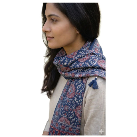Ajrakh Printed Cotton Stole for Women Ethnic Scarf with Tassels | Traditional Indian Dupatta