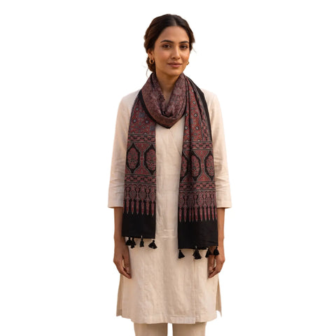 Ajrakh Printed Cotton Stole for Women Ethnic Scarf with Tassels | Traditional Indian Dupatta