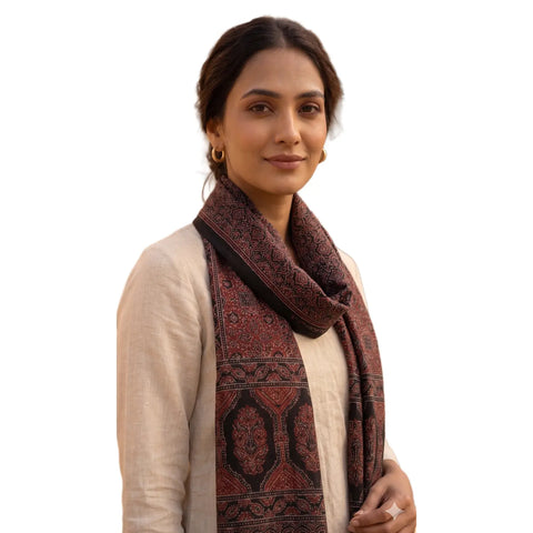 Ajrakh Printed Cotton Stole for Women Ethnic Scarf with Tassels | Traditional Indian Dupatta