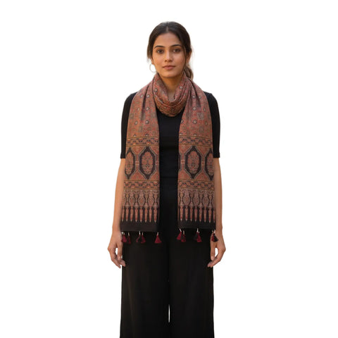 Ajrakh Printed Cotton Stole for Women Ethnic Scarf with Tassels | Traditional Indian Dupatta