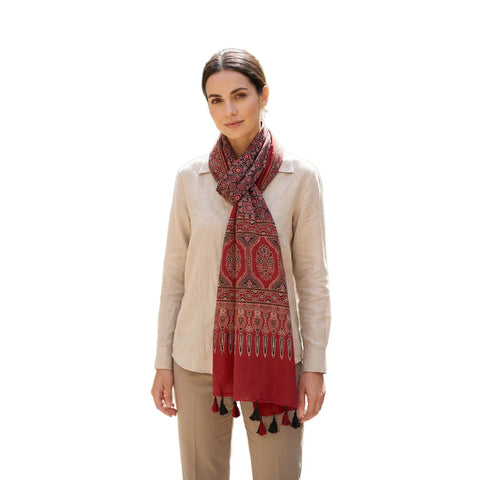 Ajrakh Printed Cotton Stole for Women Ethnic Scarf with Tassels | Traditional Indian Dupatta