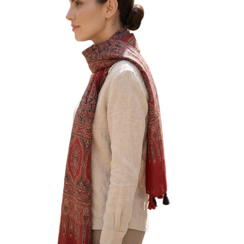 Ajrakh Printed Cotton Stole for Women Ethnic Scarf with Tassels | Traditional Indian Dupatta