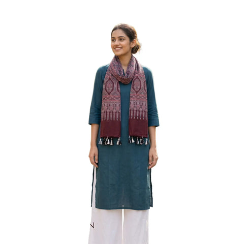 Ajrakh Printed Cotton Stole for Women Ethnic Scarf with Tassels | Traditional Indian Dupatta