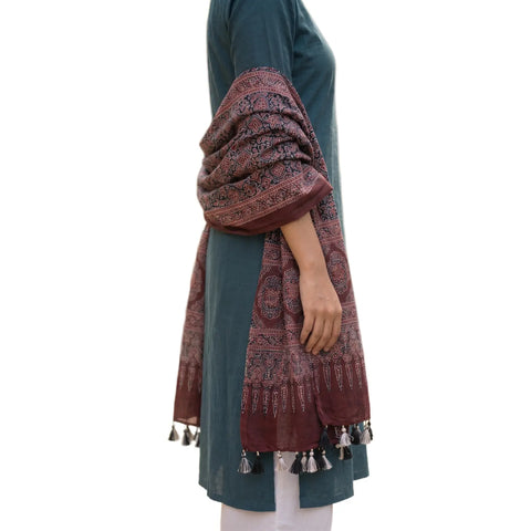 Ajrakh Printed Cotton Stole for Women Ethnic Scarf with Tassels | Traditional Indian Dupatta
