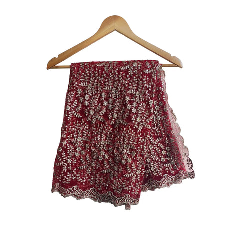 Maroon Embroidered Net Dupatta – full flat view