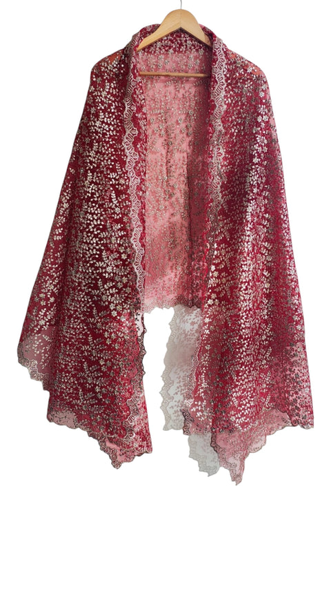 Maroon Embroidered Net Dupatta – draped view showing floral embroidery