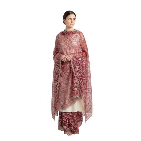 Maroon Embroidered Net Dupatta styled on model, alternate view