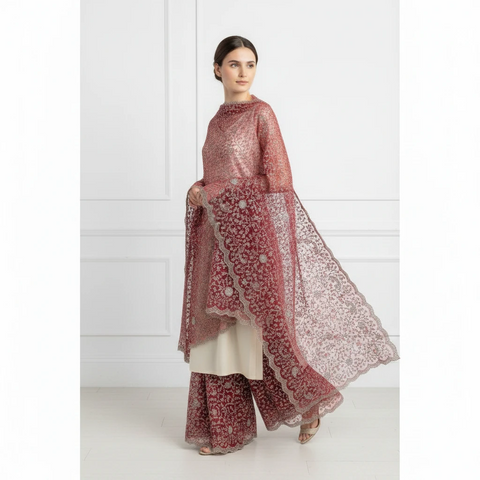 Maroon Embroidered Net Dupatta styled on model, close drape