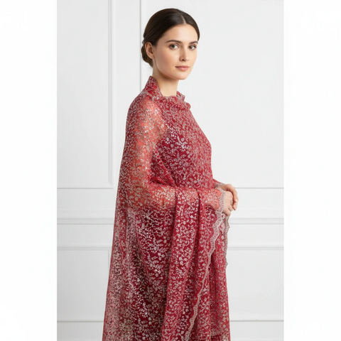 Maroon Embroidered Net Dupatta styled on model