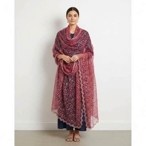 Maroon Embroidered Net Dupatta styled on model, full look