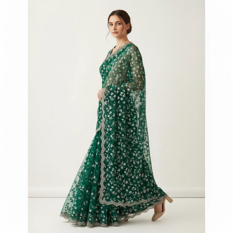 Bottle Green Embroidered Net Dupatta styled on model, alternate view