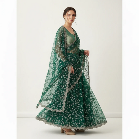 Bottle Green Embroidered Net Dupatta styled on model, close drape