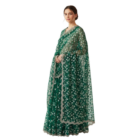 Bottle Green Embroidered Net Dupatta styled on model