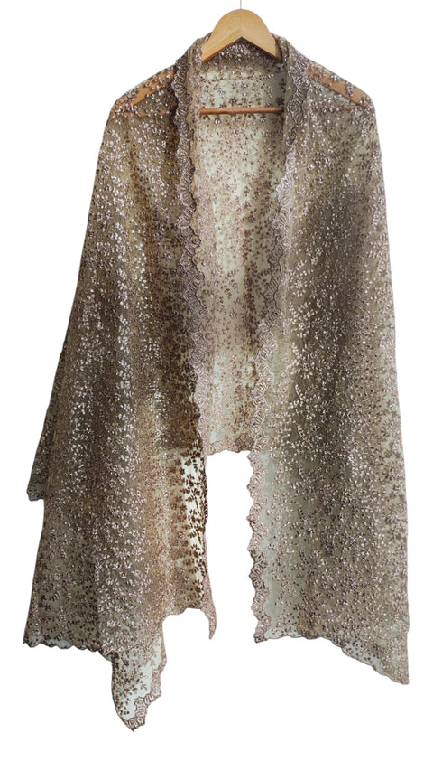 Olive Embroidered Net Dupatta – draped view showing floral embroidery