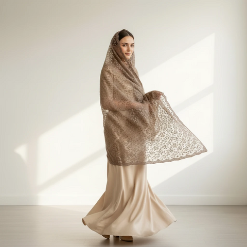 Olive Embroidered Net Dupatta styled on model, close drape