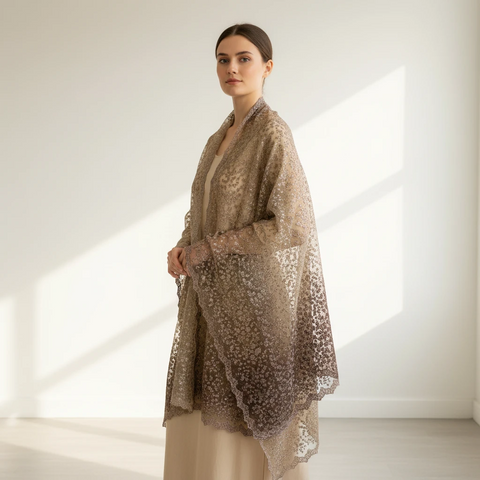 Olive Embroidered Net Dupatta styled on model