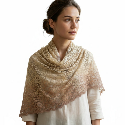 Olive Embroidered Net Dupatta styled on model, full look