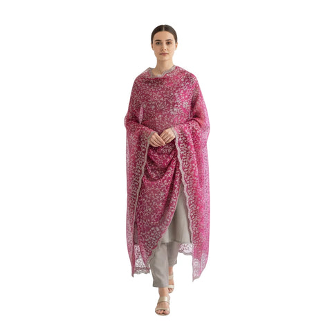 Magenta Embroidered Net Dupatta styled on model, alternate view