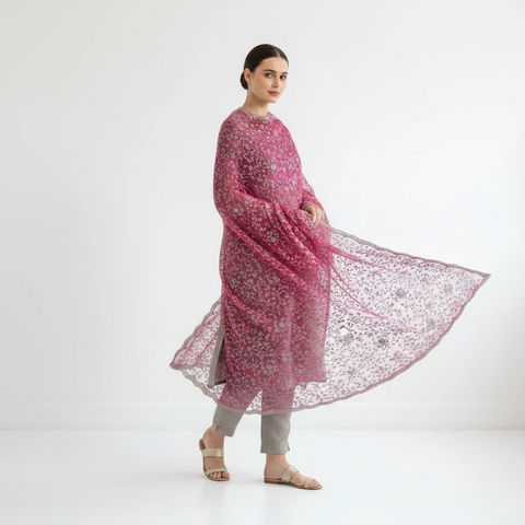 Magenta Embroidered Net Dupatta styled on model, close drape
