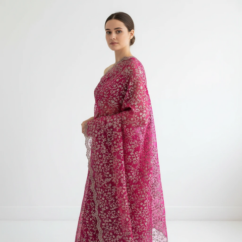 Magenta Embroidered Net Dupatta styled on model