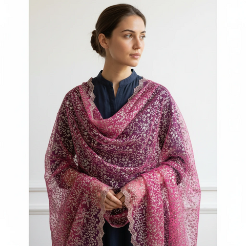 Magenta Embroidered Net Dupatta styled on model, full look