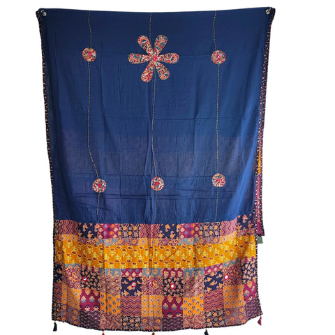 Navy Blue Ajrakh applique cotton dupatta — full hanger display view