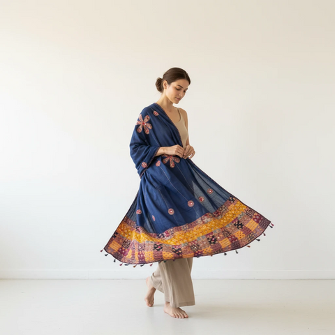 Navy Blue Ajrakh applique dupatta draped over ethnic outfit — traditional fashion
