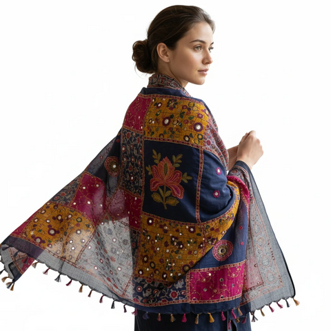 Navy Blue Ajrakh applique dupatta draped over ethnic outfit — traditional fashion