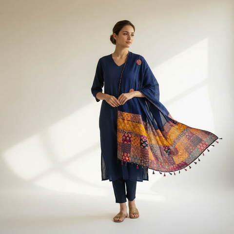 Navy Blue Ajrakh applique dupatta draped over ethnic outfit — traditional fashion