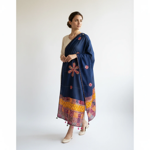 Navy Blue Ajrakh applique dupatta draped over ethnic outfit — traditional fashion