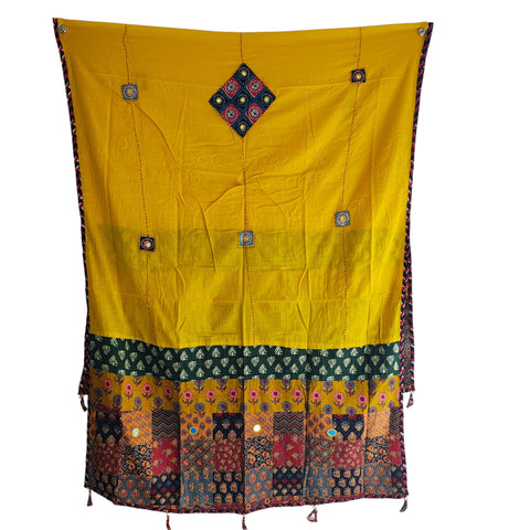 Mustard Ajrakh applique cotton dupatta — full hanger display view