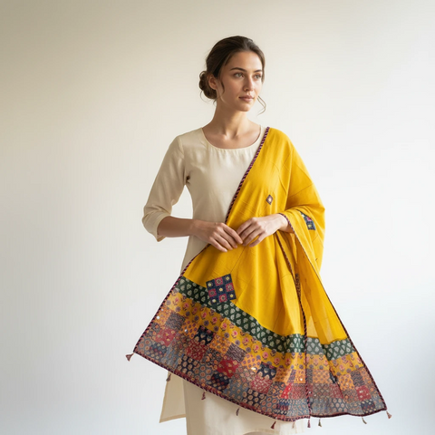 Mustard Ajrakh applique dupatta draped over ethnic outfit — traditional fashion