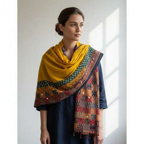 Mustard Ajrakh applique dupatta draped over ethnic outfit — traditional fashion