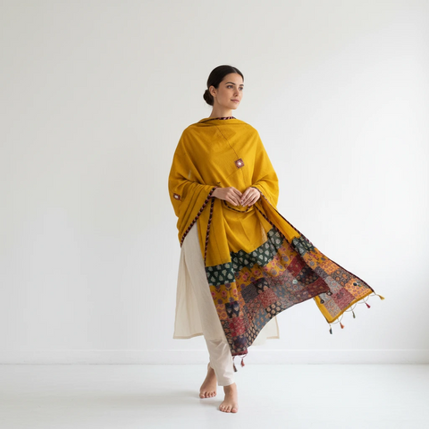 Mustard Ajrakh applique dupatta draped over ethnic outfit — traditional fashion