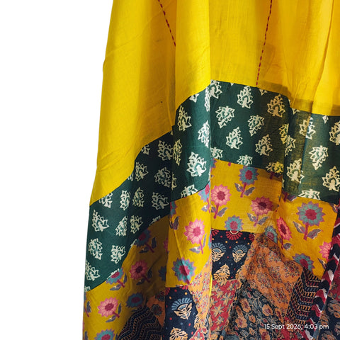 Close-up of hand mirror-work applique and Ajrakh patchwork border on mustard dupatta