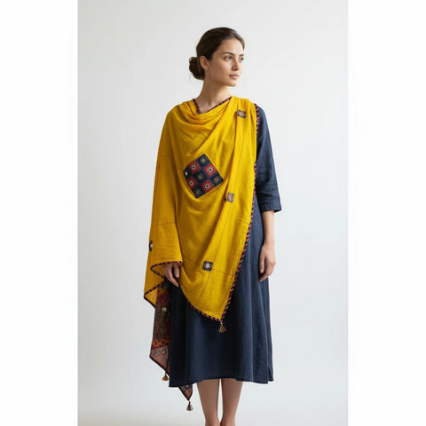 Mustard Ajrakh applique dupatta draped over ethnic outfit — traditional fashion