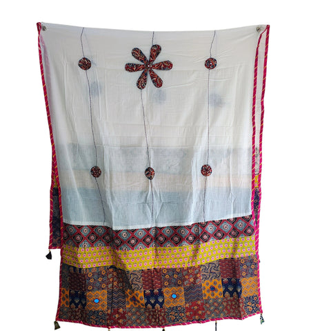 Ivory Ajrakh applique cotton dupatta — full hanger display view