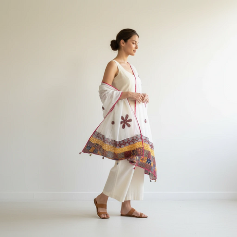 Ivory Ajrakh applique dupatta draped over ethnic outfit — traditional fashion