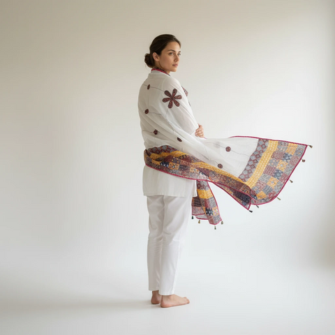 Ivory Ajrakh applique dupatta draped over ethnic outfit — traditional fashion