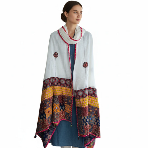 Ivory Ajrakh applique dupatta draped over ethnic outfit — traditional fashion