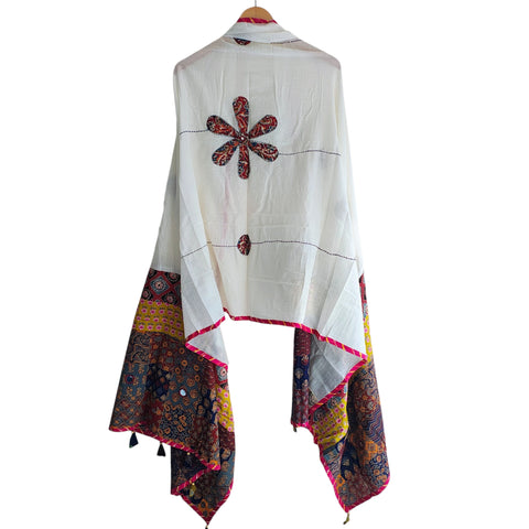Close-up of hand mirror-work applique and Ajrakh patchwork border on ivory dupatta