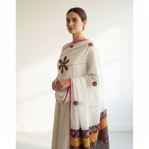 Ivory Ajrakh applique dupatta draped over ethnic outfit — traditional fashion