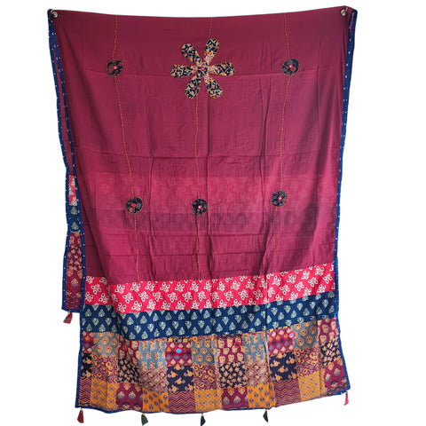 Maroon Ajrakh applique cotton dupatta — full hanger display view