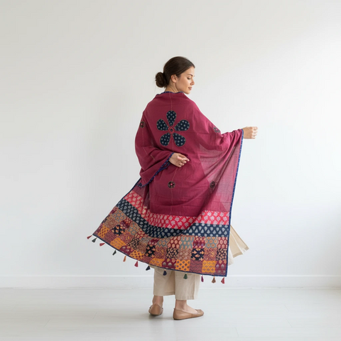 Maroon Ajrakh applique dupatta draped over ethnic outfit — traditional fashion