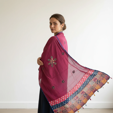 Maroon Ajrakh applique dupatta draped over ethnic outfit — traditional fashion