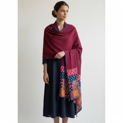 Maroon Ajrakh applique dupatta draped over ethnic outfit — traditional fashion